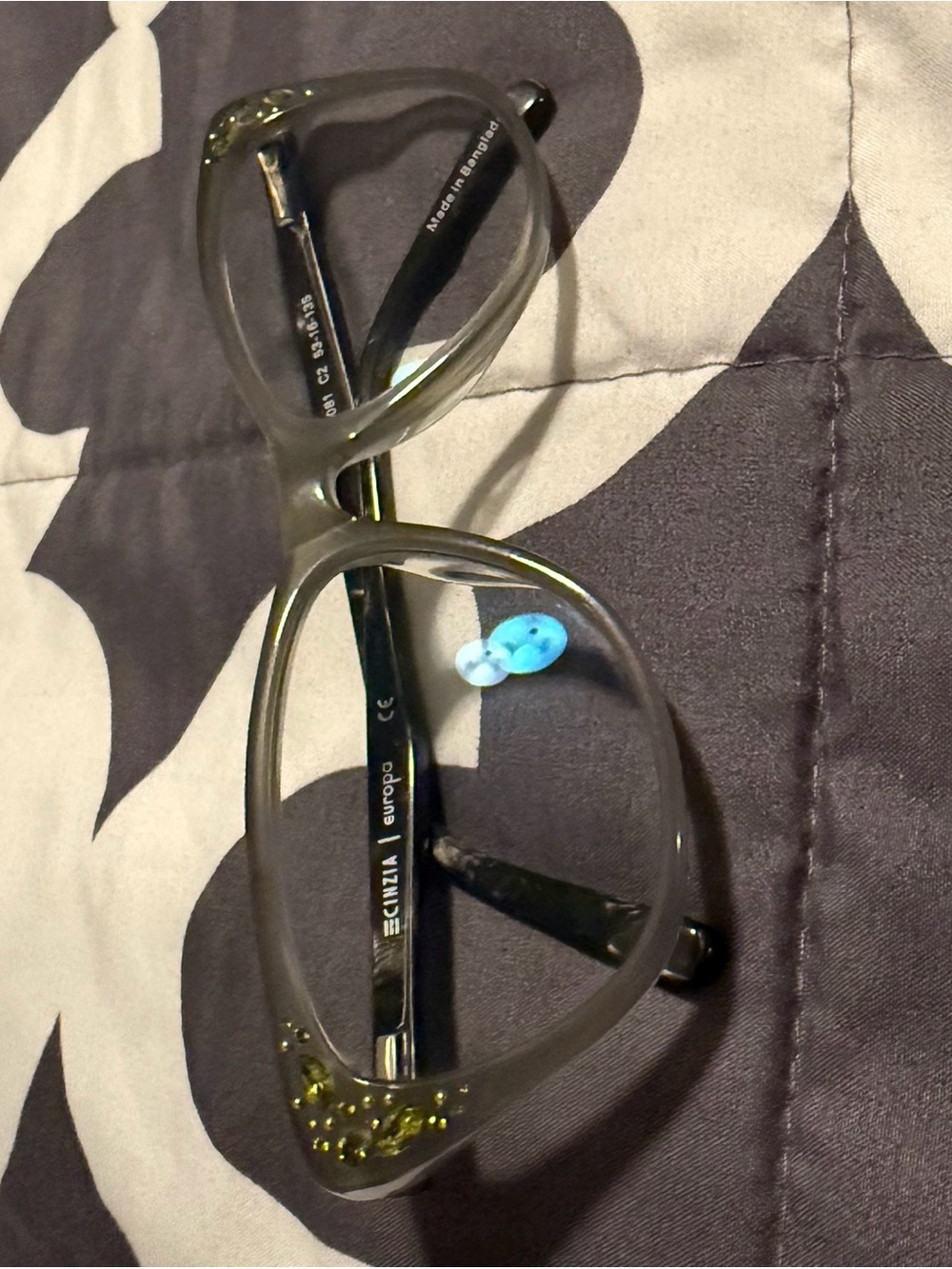 Gray Acetate Cat-eye Glasses with Green Crystal Detailing